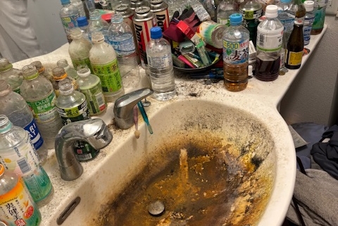 栃木県栃木市の2LDK賃貸住宅・洗面所。長年放置された飲料ペットボトルや缶、日用品がカウンターに山積みとなり、洗面ボウル内は茶色いサビと黒カビが広がる。排水詰まりと強い悪臭が発生しており、典型的なゴミ屋敷状態の洗面スペース。