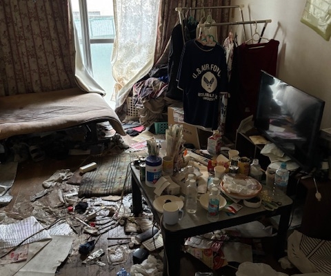 居室内に生活用品や紙類、容器類が床一面に散乱している状態